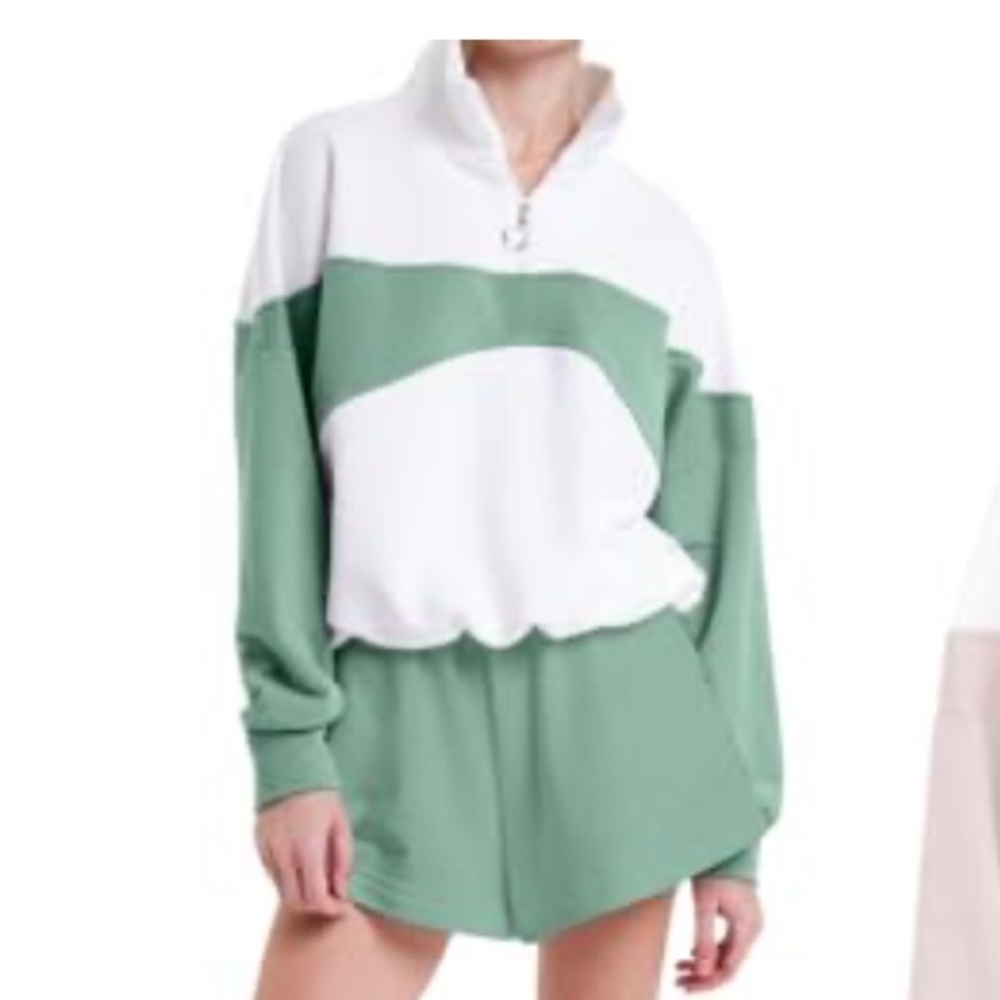 2 Piece Sweatsuit Outfits For Women Half Zip Pullover Sweatshirt and Shorts